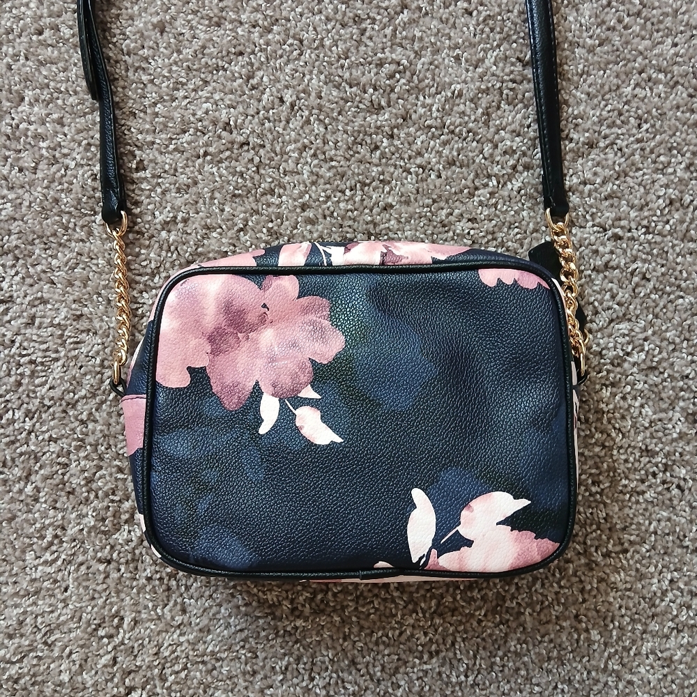 Victoria’s Secret Black & Pink Floral Crossbody Bag with Gold V Logo - Picture 7 of 10